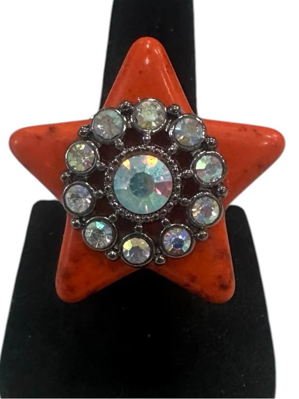 Haus of Lenora: Orange Star Statement Ring with AB Crystal Cluster - Adjustable